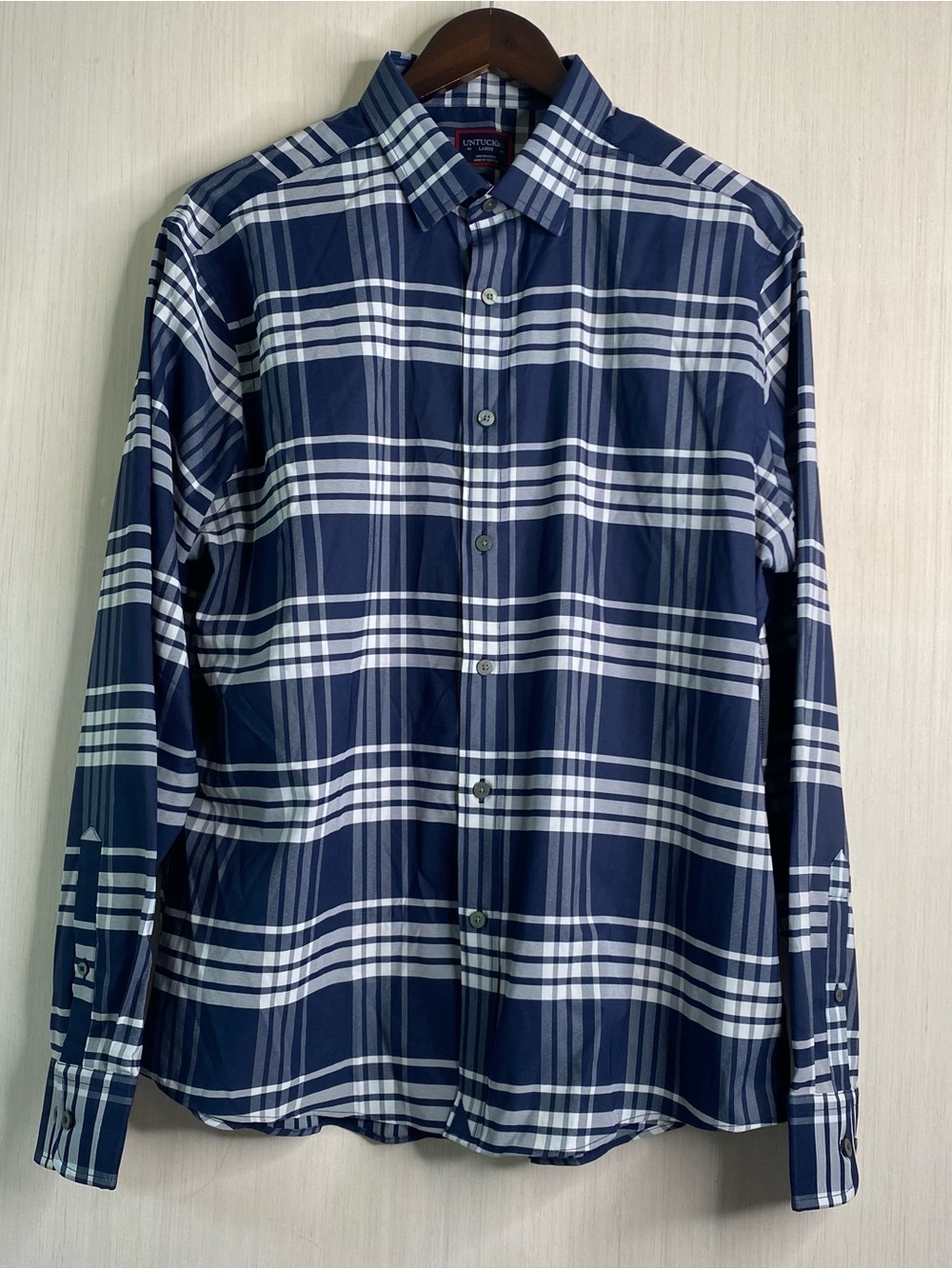 UNTUCKit Men’s Navy & White Plaid Long-Sleeve Shirt Button Up Wrinkle Free Large